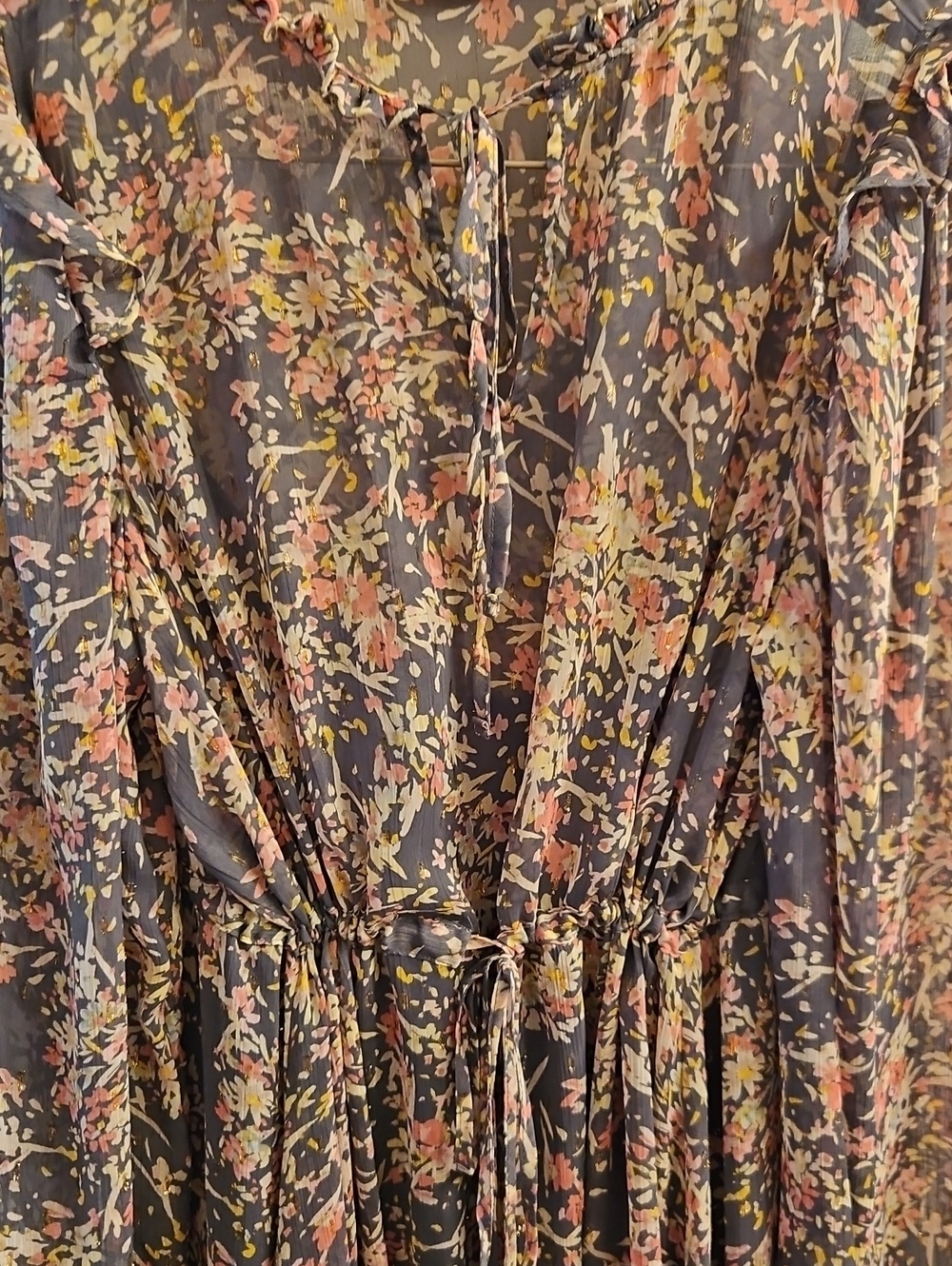 ANA Gray Floral Maxi Dress, Sheer Balloon Sleeves, Lined Slip, Cinched Waist, L - Picture 5 of 11